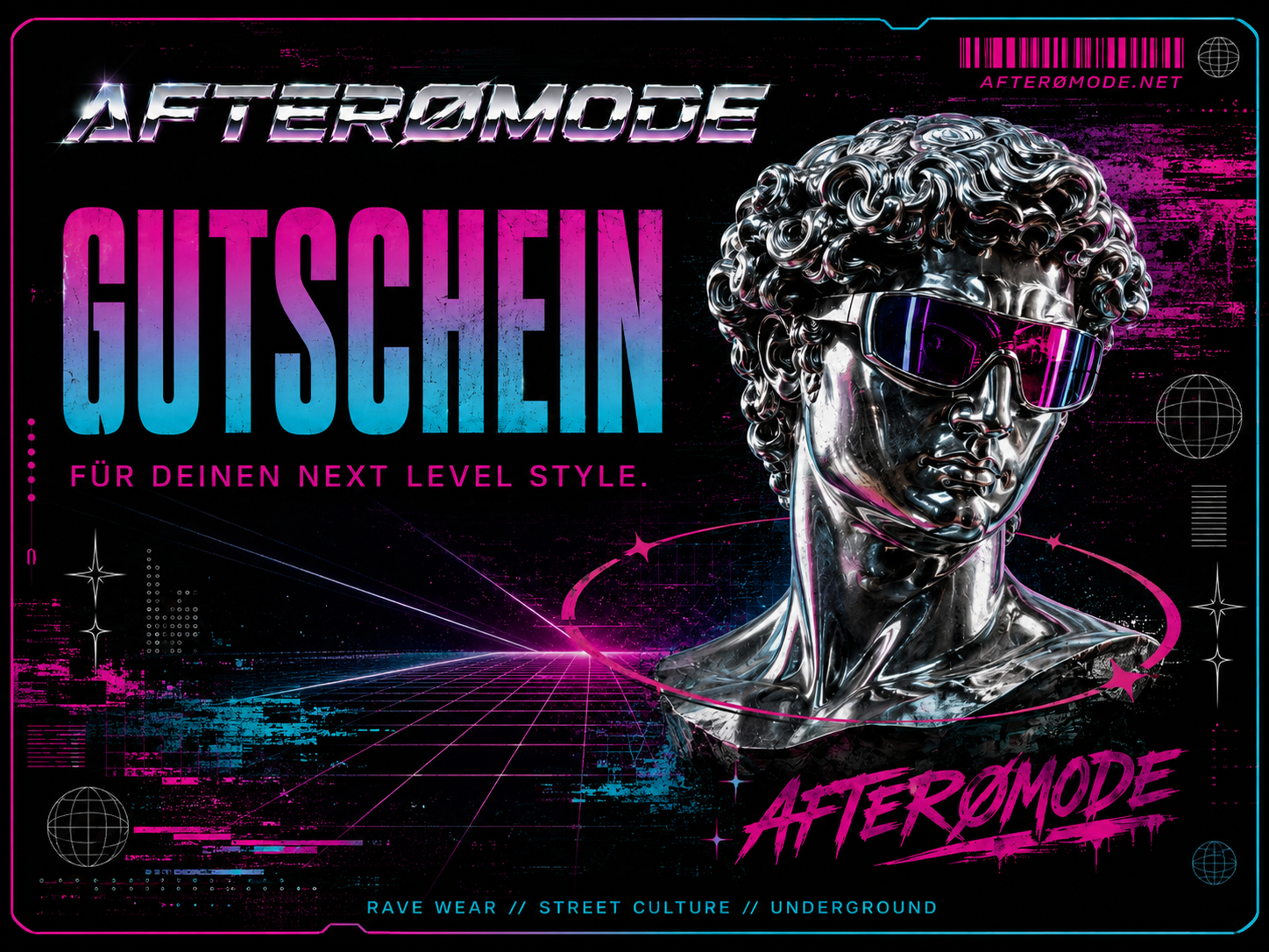 AfterØMode Geschenkgutschein – Chrom-Büste mit Sonnenbrille auf schwarzem Hintergrund